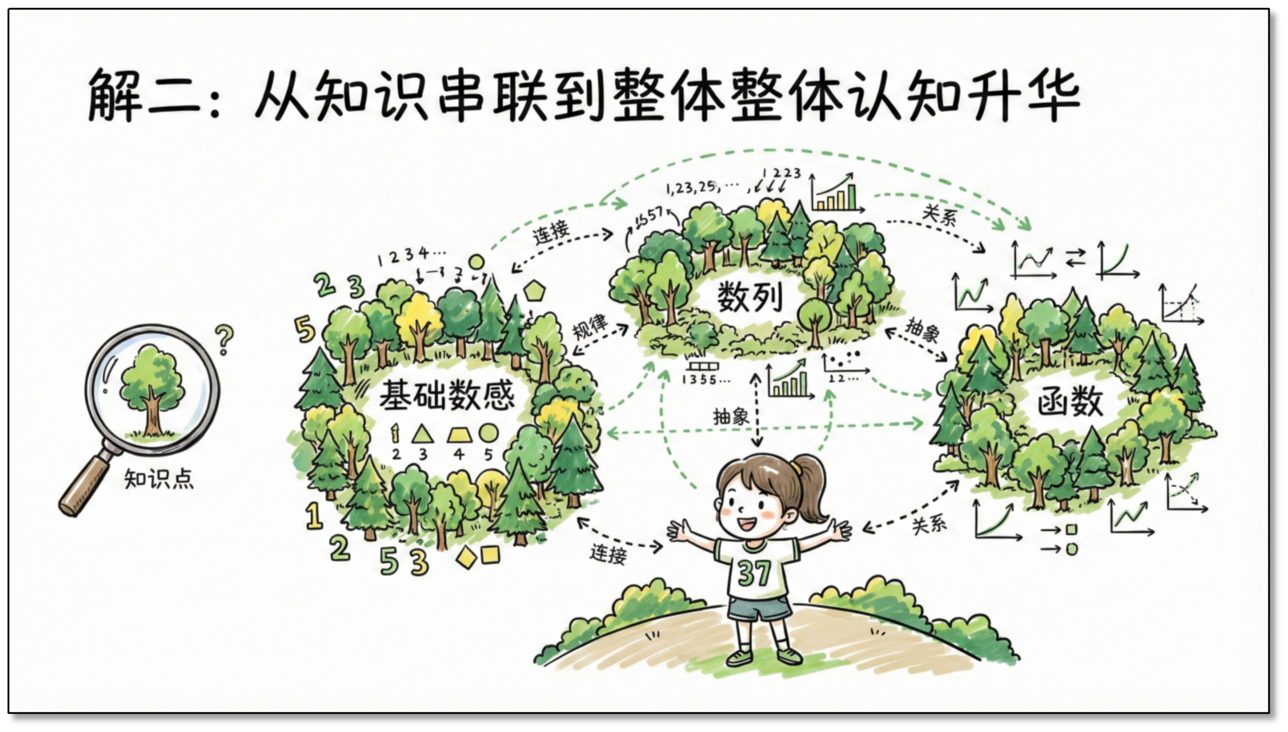 解二：从知识串联到整体认知升华——从放大镜看单个知识点，到俯瞰基础数感、数列、函数三片森林通过连接与抽象相互关联