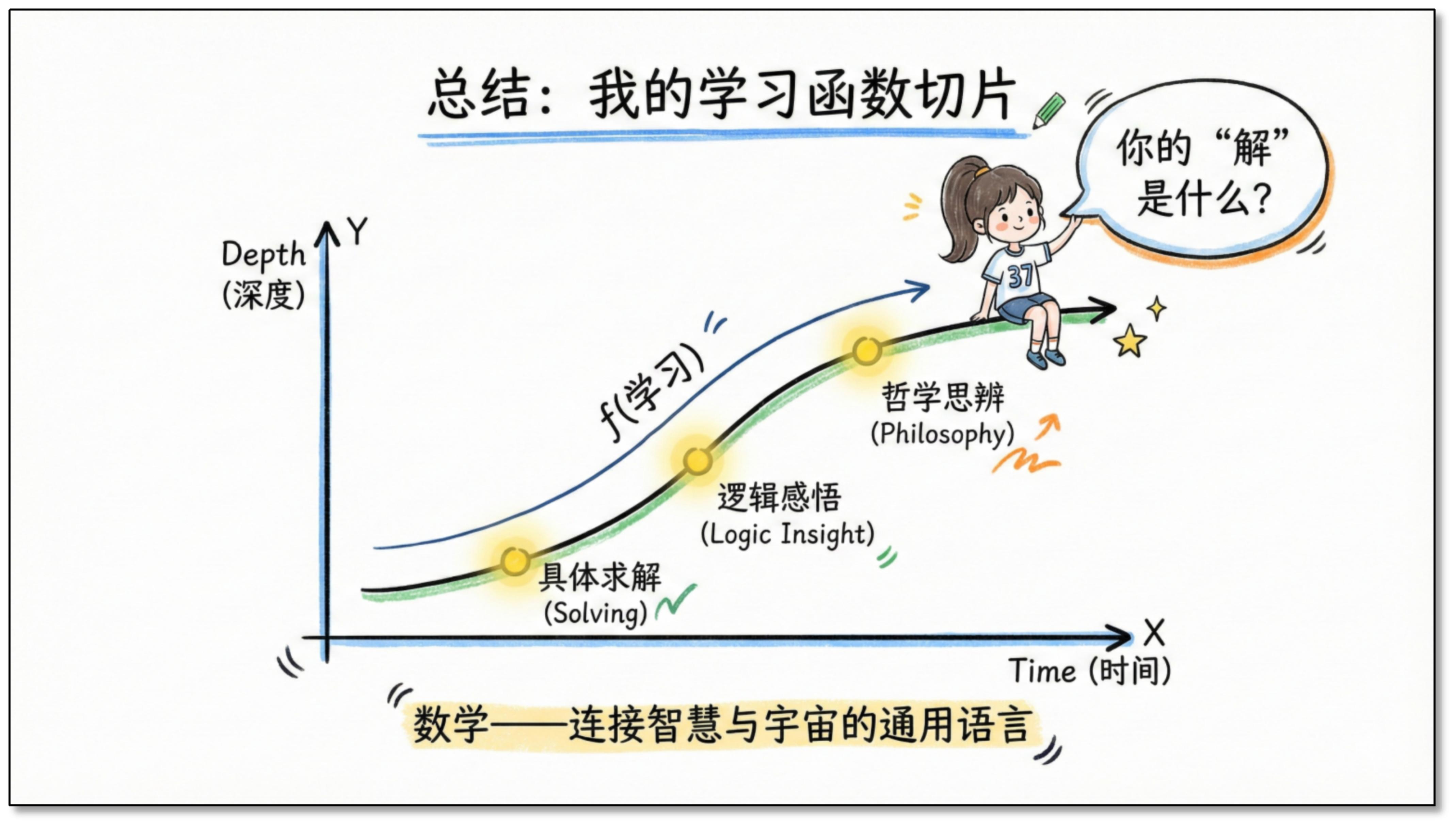总结：我的学习函数切片——f(学习)曲线随时间上升，依次经过具体求解、逻辑感悟、哲学思辨三个切片点，旁问